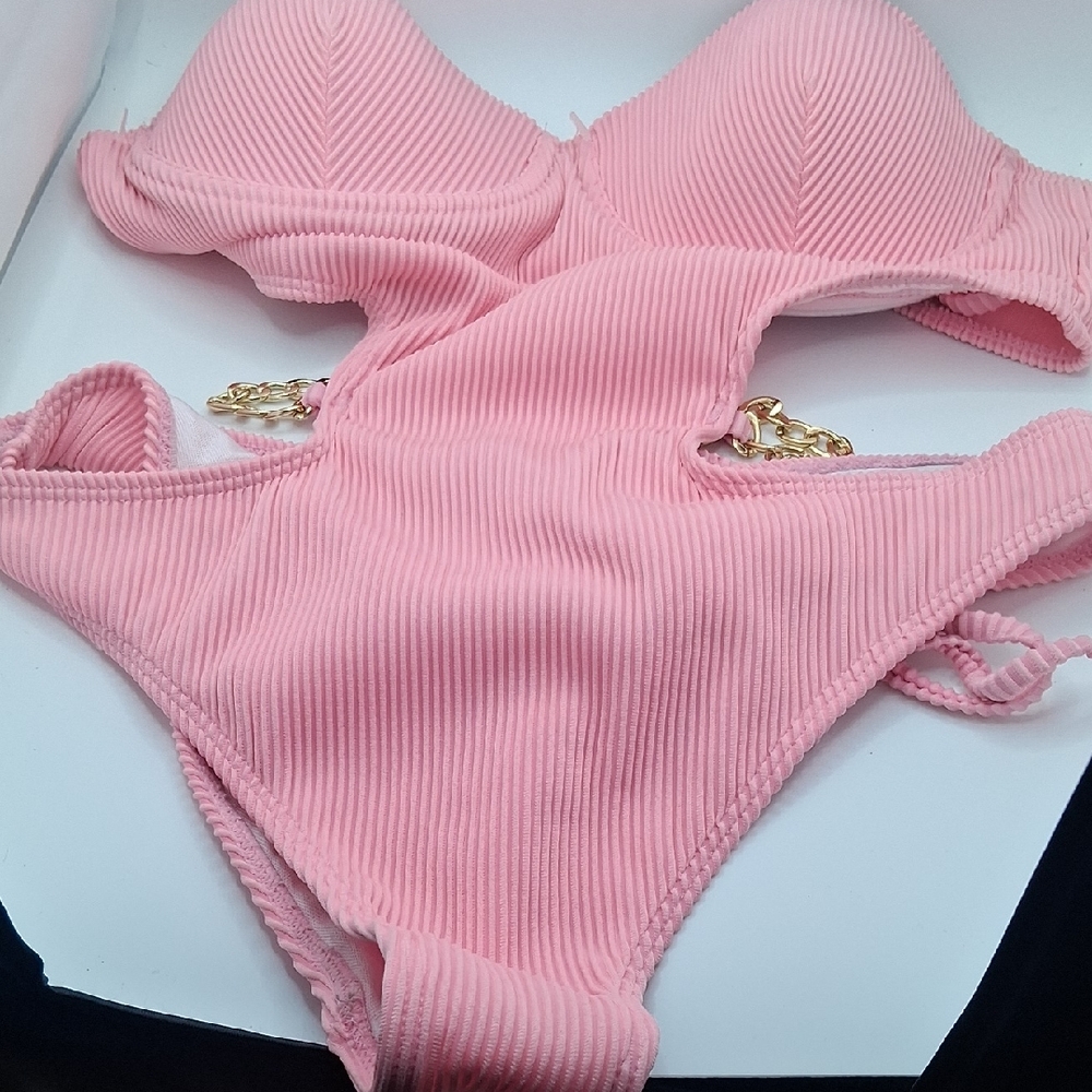 Ribbed Pink One-Piece Swimsuit with Gold Chain Accents